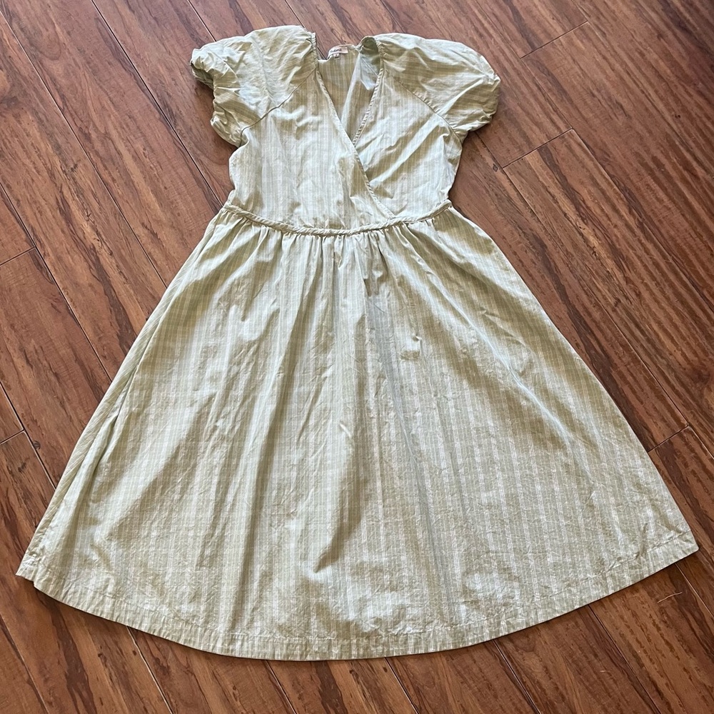 Madewell Green and White Puff Sleeve A-Line Sundress